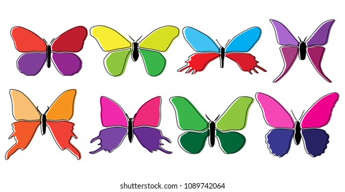 Vector butterfly silhouettes, multicolored  isolated on white background. Butterfly flat icons. Set of different insects