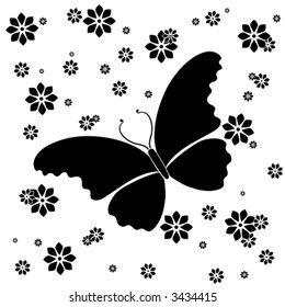 Vector Butterfly soaring over a field of flowers. Created in black on a white background.