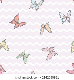 Vector butterfly spring pattern, seamless repeat background. Girly wallpaper.