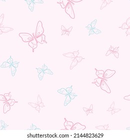 Vector butterfly spring pattern, seamless repeat background. Girly wallpaper.