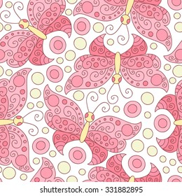 Vector butterfly and swirls, dots seamless pattern.