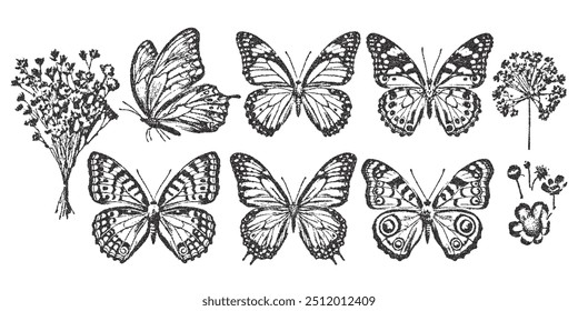 Vector butterfly trendy retro photocopy effect. Modern stipple dots texture for design art. y2k collage set.