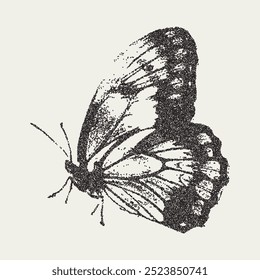 Vector mariposa de moda retro efecto de grano de fotocopia. Textura de puntos punteados modernos para el arte de diseño.