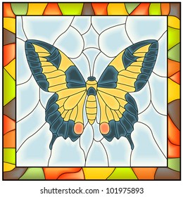  Vector of butterfly(yellow blue wing) in stained glass window with frame.