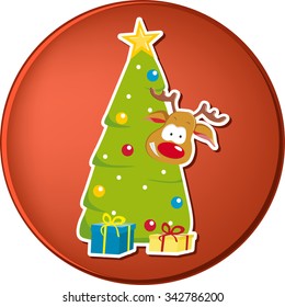Vector button with christmas illustration - reindeer hiding behind x-mas tree