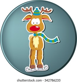 Vector button with christmas illustration - reindeer on ice skate