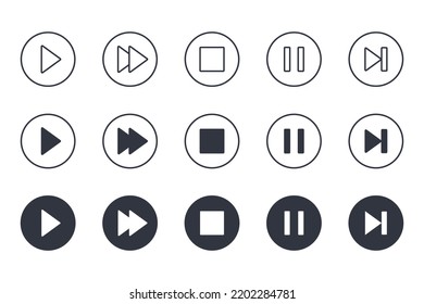 Vector Button Icons Play Stop Pause. Editable Stroke. Set Of Line Silhouette Icons Video Audio. Isolated Elements On White Background