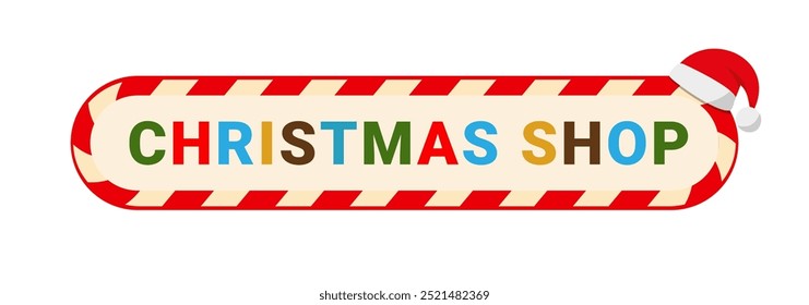 Vector button with the inscription Christmas shop for online store in candy cane style and Santa Claus hat on white background