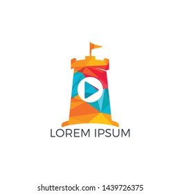 Vector button play and castle logo combination. Record and tower symbol or icon. Unique help and fortress logotype design template.	