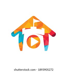 Vector button play and castle logo combination. Record and tower symbol or icon.