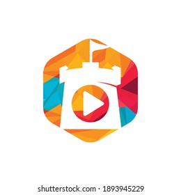 Vector button play and castle logo combination. Record and tower symbol or icon.