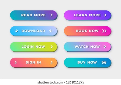 Vector Button Set 3d Bold Modern Trendy Gradient Style With Shadow Isolated On Background For Web Site, Ui, Mobile App. Call To Action Icon Button. Vector 10 Eps