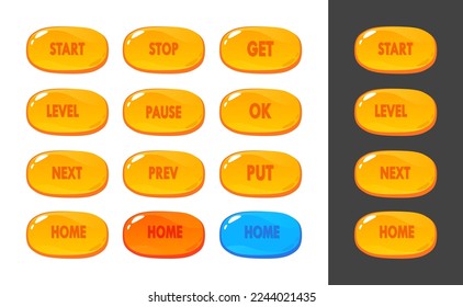 Juego de botones vectoriales para juego de teléfono móvil en diseño de estilo aislado en blanco. Vea cómo se ven en un fondo oscuro. También agregó colores de botón naranja y azul para Hover y Click u otro evento.