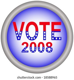Vector of button with wording 'vote 2008' in design based on USA flag.