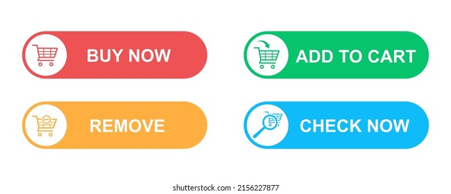 Vector buttons for online order. Set buttons with: buy now, add to cart, remove and check now. Online shopping. 