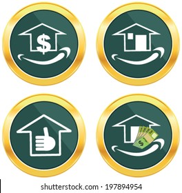 Vector Buttons Of Similes, Smile Face Sign Icon. Happy Smiley Home, Investment, Australian Money, Dollar And Like Hand Symbol.