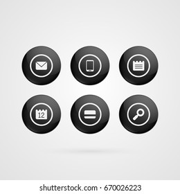 Vector buttons symbols. Black and white glossy envelope, sms, smart phone, note, calendar, credit card, lens circle icons isolated. Illustrations for business, marketing project, template