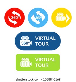 Vector buttons for virtual tour. Stickers with symbol of arrow and camera. Red, blue, green, yellow round, oval and rectangle 
 label.
