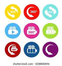 Vector buttons for virtual tour. Stickers with symbol of arrow and camera. Red, blue, green, yellow, purple and pink round label.
