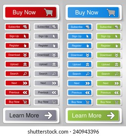 Vector buttons for website or app. Button - Buy now, Subscribe, Sign Up, Register, Download, Upload, Search, Next, Previous, Learn More 