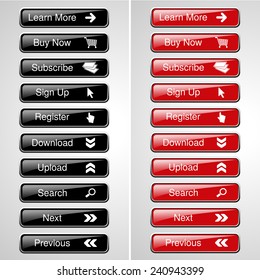 Vector buttons for website or app. Button - Buy now, Subscribe, Sign Up, Register, Download, Upload, Search, Next, Previous, Learn More 