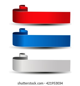Vector buttons for website or app. Grey, red and blue label. Bent ribbon. Possible uses for text Buy now, Subscribe, Sign Up, Register, Download, Upload, Search, Next, Previous, Learn More etc.

