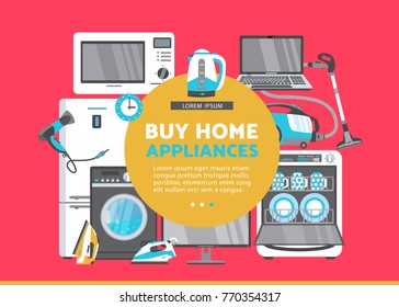 vector buy home appliance advertising poster banner design. Gas stove, dishwasher, washing machine, electric kettle or teapot, hair dryer, iron, vacuum cleaner, laptop, monitor clock, fridge icon set.