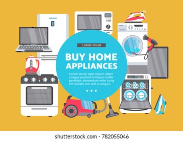 vector buy home appliance advertising poster banner design. Gas stove, dishwasher, washing machine, electric kettle or teapot, hair dryer, iron, vacuum cleaner, laptop, monitor clock, fridge icon set.