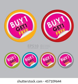 Vector : Buy1 Get1 Free Special Promotion Campaign Infographics Icon on Circle Peeling Sticker 