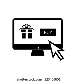 Vector buying christmas gift online on personal computer with one click electronic shopping business and technology icon | black flat design pictogram isolated on white background