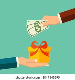 Vector buying a gift, flat style concept. Human hand with dollar money and other hand with present gift box.