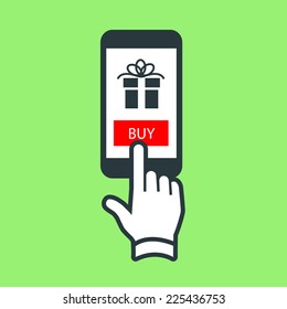 Vector buying gift online on smartphone with one finger electronic business and technology icon | flat design pictogram isolated on green background