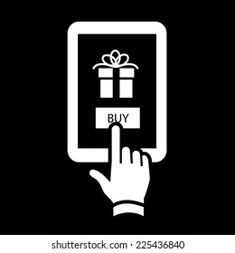 Vector buying gift online on tablet with one finger electronic business and technology icon | white flat design pictogram isolated on black background
