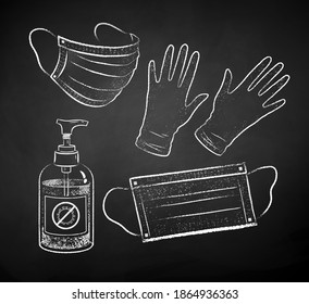 Vector bw chalk drawn illustration set of sanitizer bottle, face masks and rubber gloves on black chalkboard background.