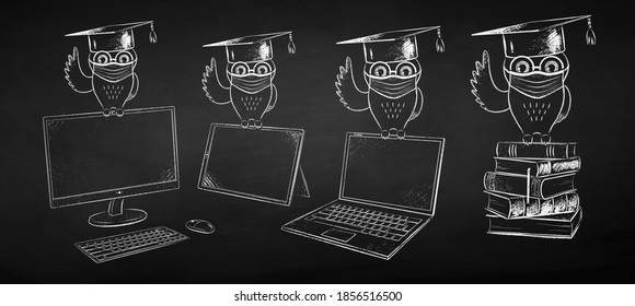 Vector bw chalk illustration isolated set of student owl wearing face mask and computer devices on black chalkboard background.