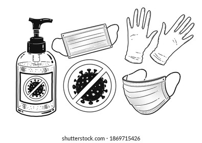 Vector bw illustration set of sanitizer bottle, face mask and rubber gloves isolated on white background.