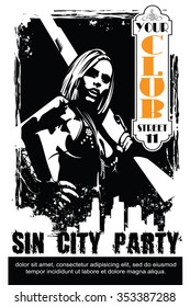 Vector BW Illustration. Template flyers. Sin City party. A man with a gun.