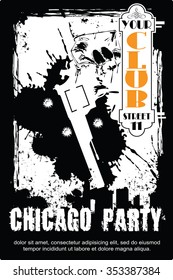 Vector BW Illustration. Template flyers. Sin City party. A man with a gun.