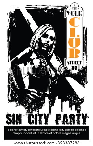 Vector BW Illustration. Template flyers. Sin City party. A man with a gun.