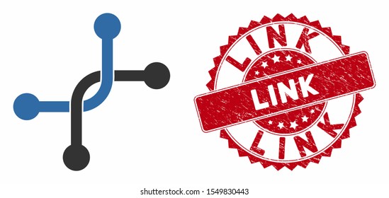 Vector bypass connection icon and distressed round stamp seal with Link phrase. Flat bypass connection icon is isolated on a white background. Link stamp seal uses red color and grunged texture.