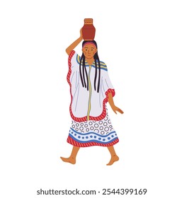 Vector c a woman in national dress carries a clay jug on her head. Ponchos, skirt. The rich cultural patterns reflect the civilization of the indigenous peoples.