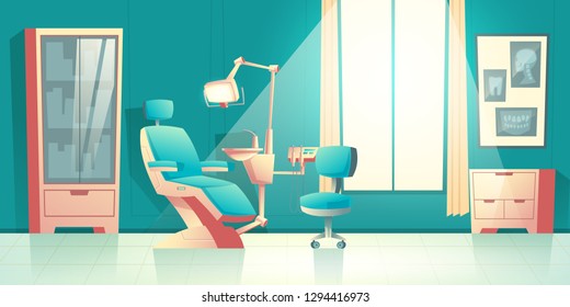 Vector Cabinet Of Dentist, Cartoon Interior With Comfortable Chair, Surgical Light Unit, Shelves And X-ray Picture On Wall. Modern Dental Medical Equipment, Oral Healthcare. Orthodontics, Treatment.