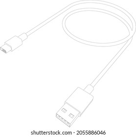 Vector cable for phone charger - USB to type c, outline illustration