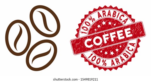 Vector cacao beans icon and rubber round stamp seal with 100% Arabica Coffee caption. Flat cacao beans icon is isolated on a white background.