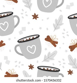 Vector cacao seamless pattern. Winter traditional warming drink repeating background. Holiday hot beverage with sugar, marshmallow, cinnamon