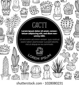 Vector cacti doodles background. Various linear cactuses and succulents in flower pots and cups. They are with spines and flowers. Black and white. Can be used to colouring book for adults.