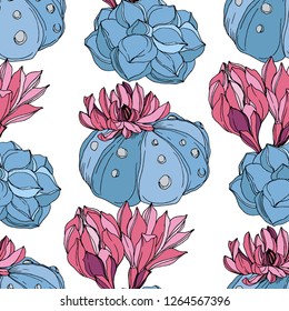 Vector Cacti floral botanical flower. Wild spring leaf wildflower isolated. Green and blue engraved ink art. Seamless background pattern. Fabric wallpaper print texture.