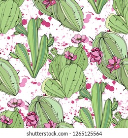 Vector Cacti floral botanical flower. Wild spring leaf wildflower isolated. Green engraved ink art. Seamless background pattern. Fabric wallpaper print texture.