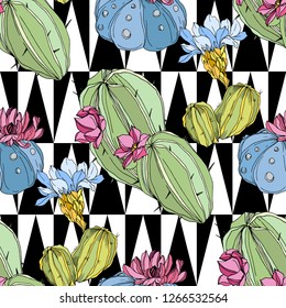 Vector Cacti floral botanical flower. Wild spring leaf wildflower isolated. Green and blue engraved ink art. Seamless background pattern. Fabric wallpaper print texture.