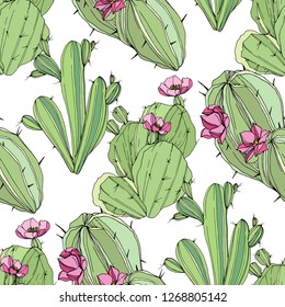 Vector Cacti floral botanical flower. Wild spring leaf wildflower isolated. Green engraved ink art. Seamless background pattern. Fabric wallpaper print texture.